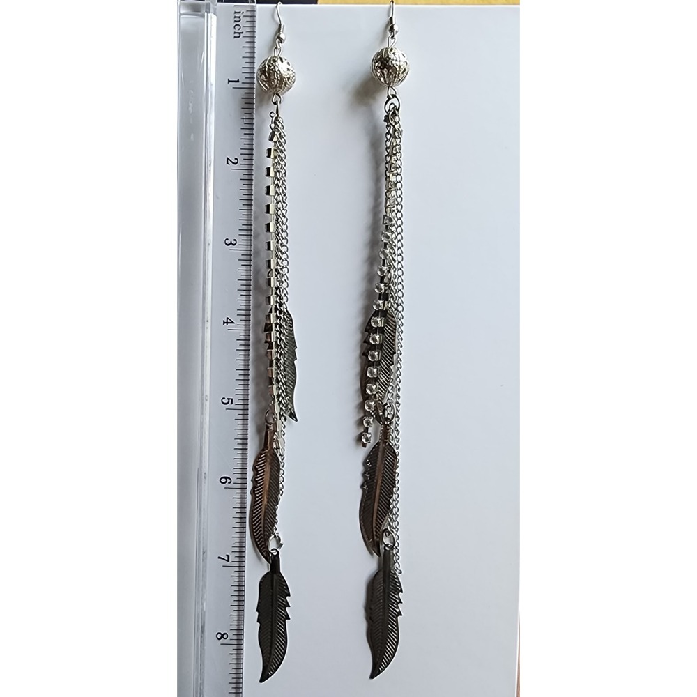 Dangle Feather Earrings Silver Tone - Picture 2 of 4